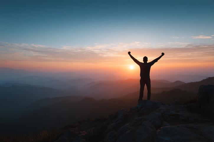 Silhouette Of Man Standing Triumphantly On Mountain Facing Sunrise